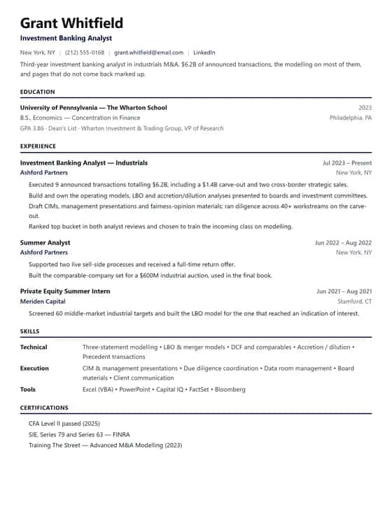 ATS Friendly Investment Banking Resume Template