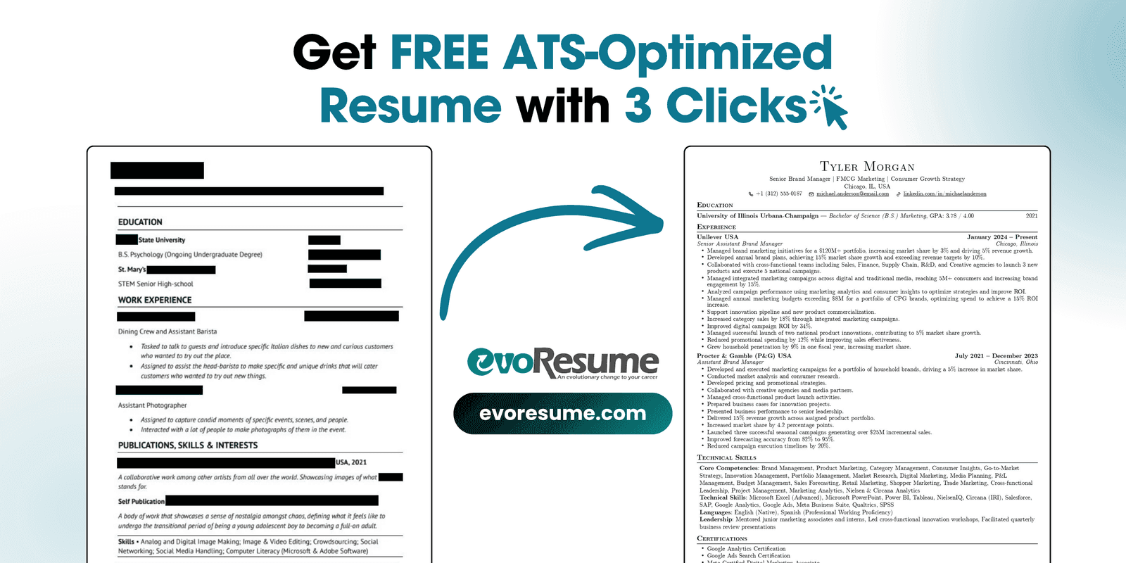 Before and after of a résumé rebuilt in EvoResume: on the left a cluttered old CV with mixed headings, on the right the same experience re-laid into a clean single-column ATS resume with dated roles and quantified bullets.