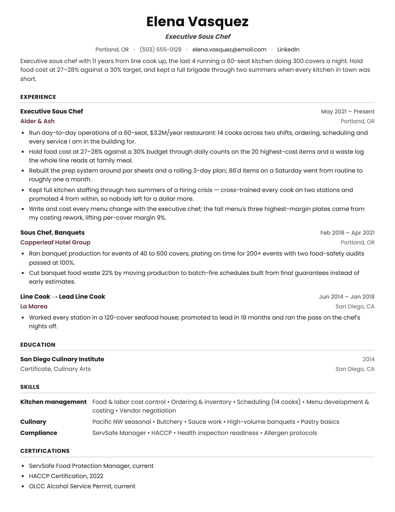 Chef resume sample, an executive sous chef culinary resume example for 2026, EvoResume.com