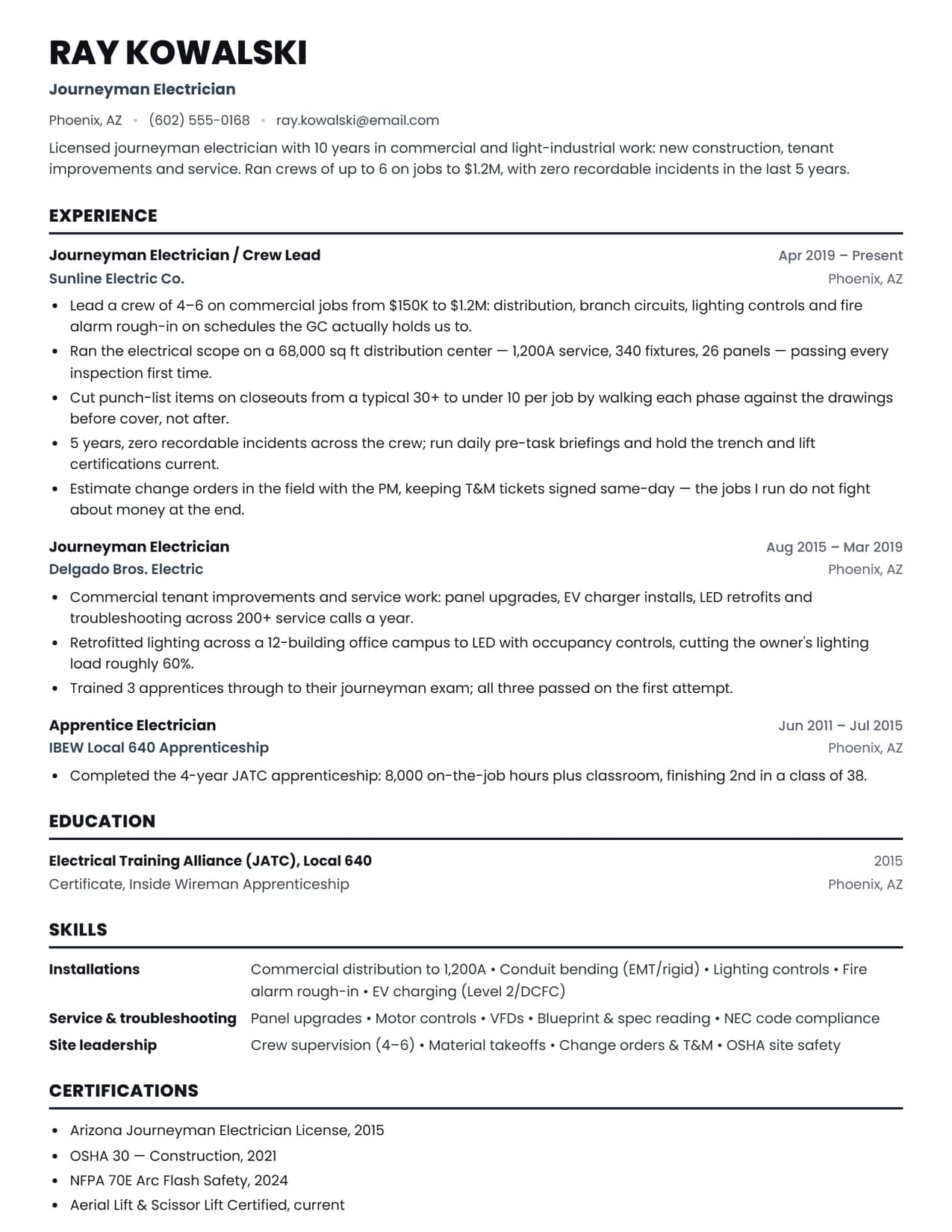 Electrician resume sample, a journeyman electrician resume example for 2026, EvoResume.com