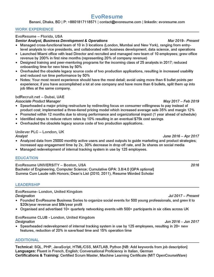 Page one of the EvoResume ATS resume template for 2026, showing work experience, education, leadership and additional sections in a single column