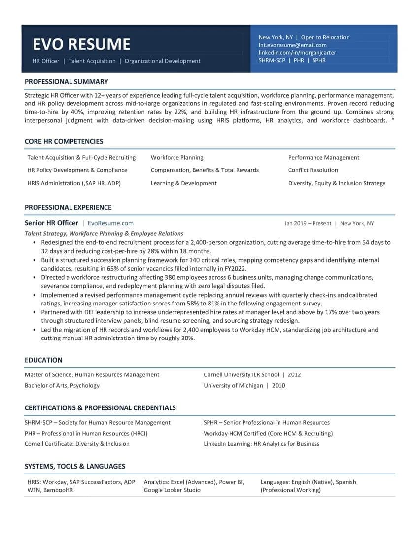 Page one of the EvoResume interview resume template for 2026, showing a navy identity band, professional summary, a three-column core competencies strip and a detailed experience section