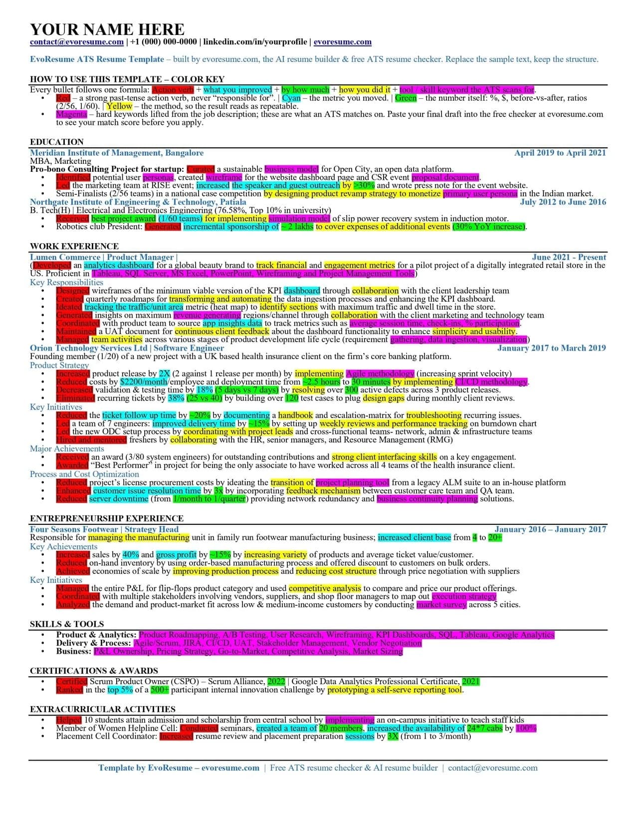 Page one of the EvoResume powerful ATS resume template for 2026, a single-column worked resume with phrases highlighted in red, cyan, green, yellow and magenta according to the color key at the top