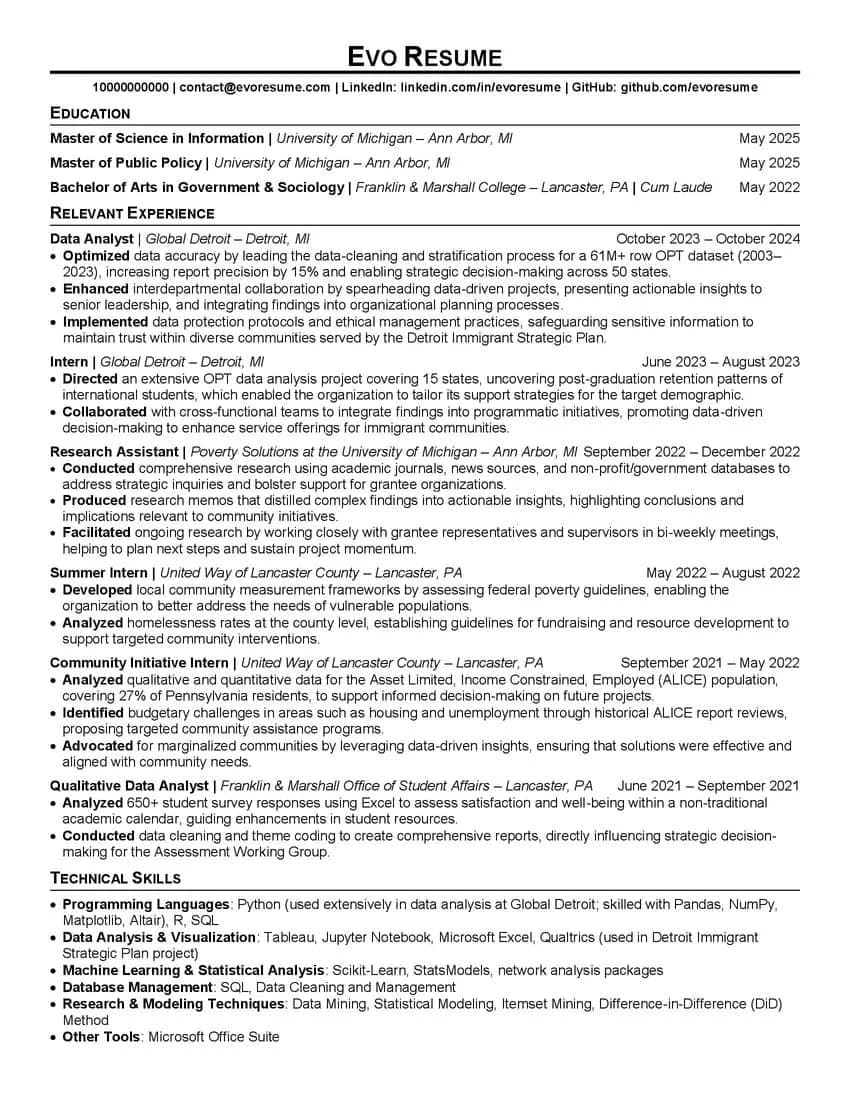 Page one of the EvoResume top ATS resume template for 2026, showing education first, then seven dated roles and grouped technical skills