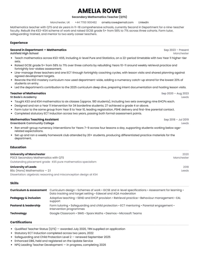 Teacher CV sample