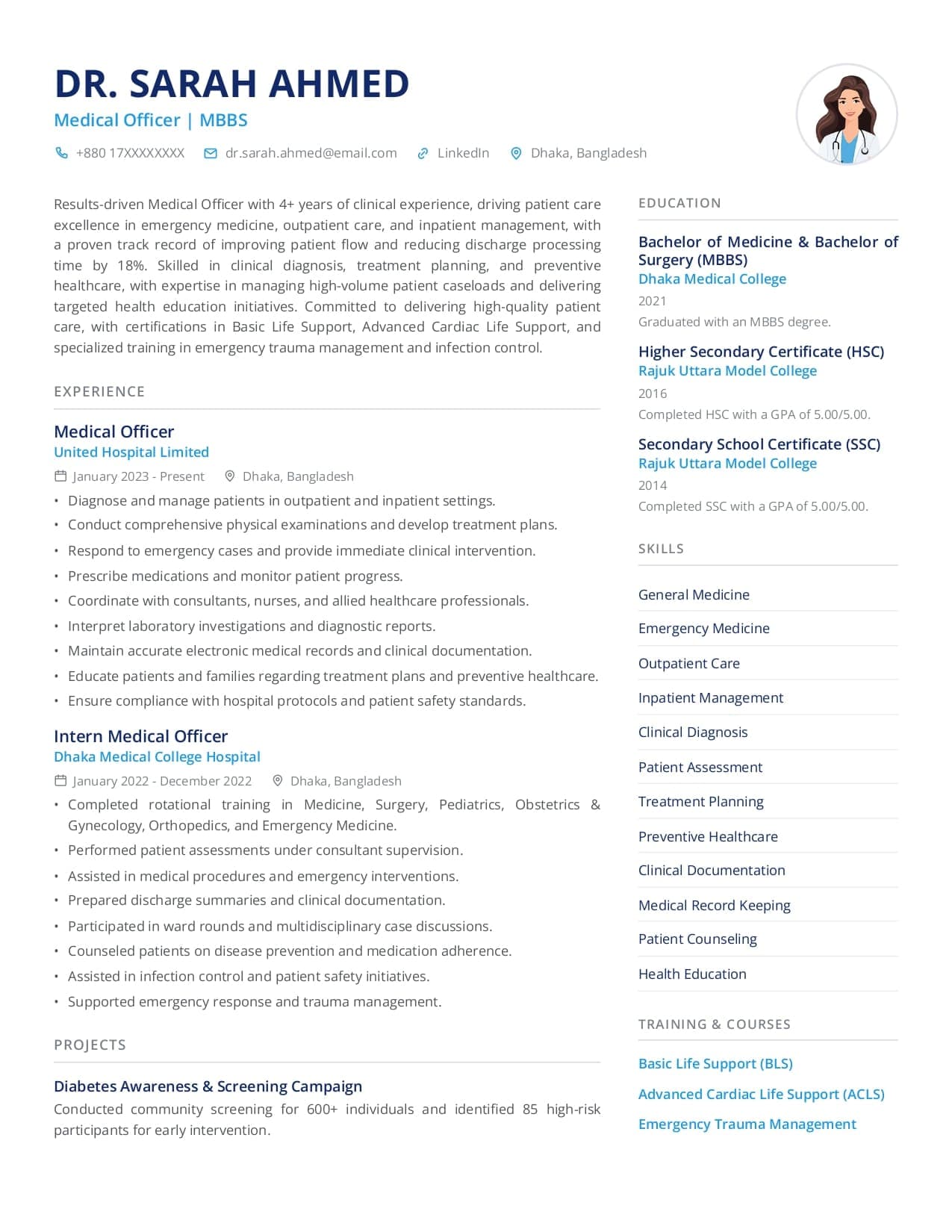 Healthcare resume in the Duet template, a two-column layout with clinical experience beside registrations and certifications