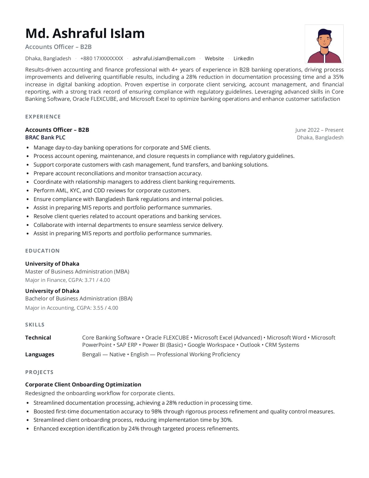 Accounting resume in the Dusk template, showing an elegant heading style above audit and reconciliation experience