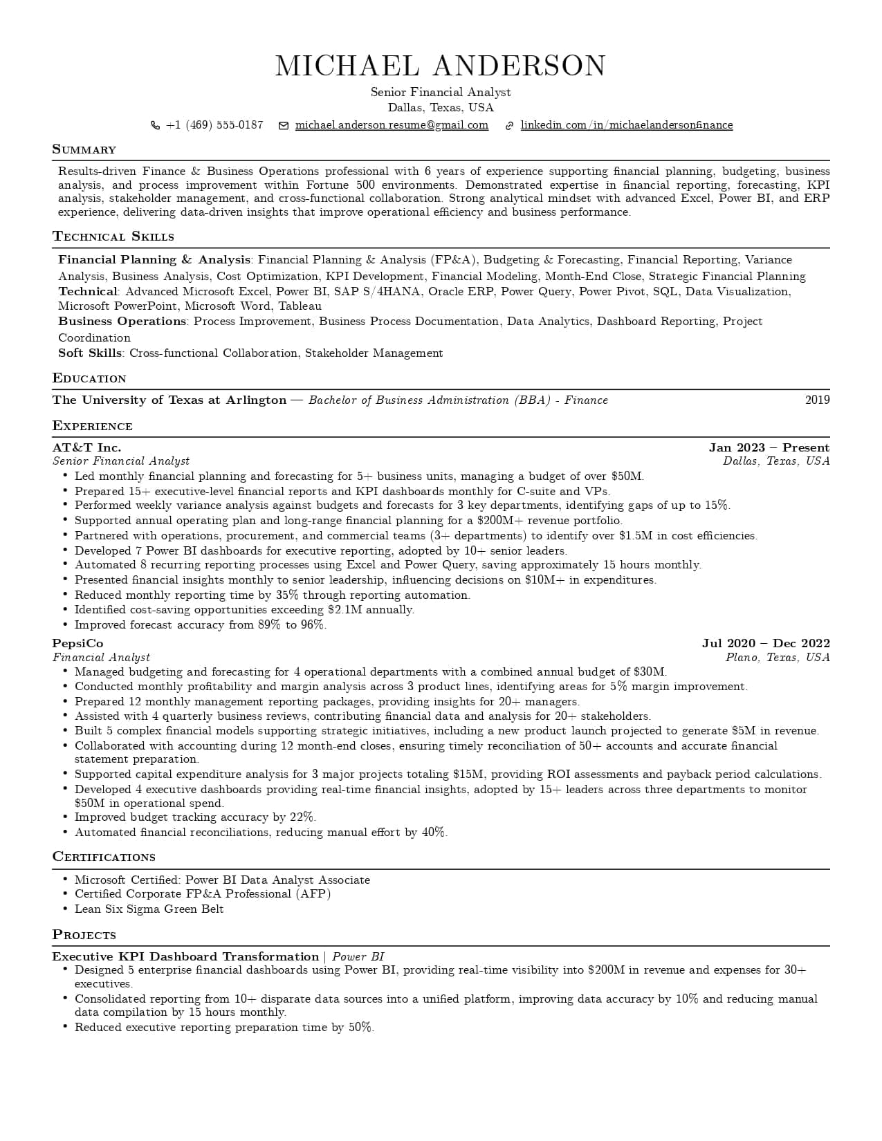 Single-column resume in the Jake template, showing a plain contact header above experience bullets that each open with an action verb