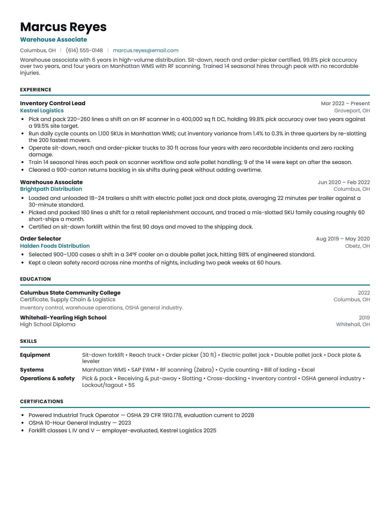 Warehouse resume sample — warehouse associate resume example for 2026, EvoResume.com