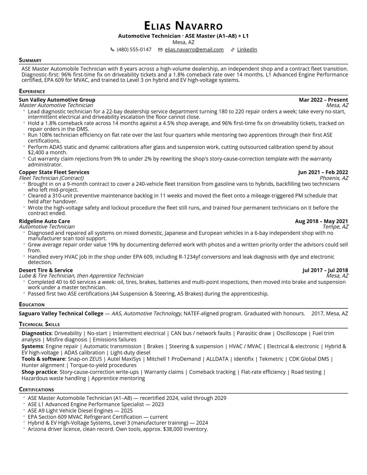 Automotive technician resume sample (USA) — ASE Master technician resume example for 2026, EvoResume.com