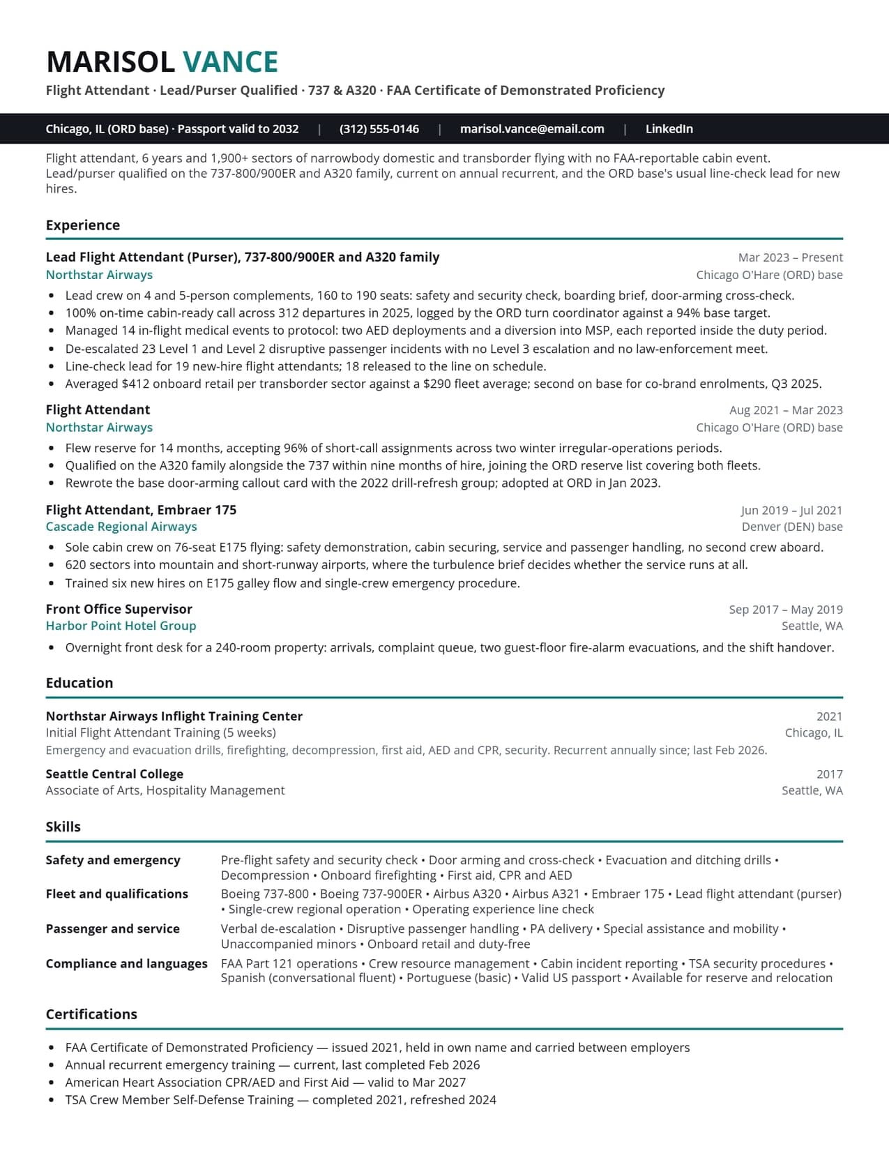 Flight attendant resume sample (USA) — lead purser 737 and A320 cabin crew resume example for 2026, EvoResume.com