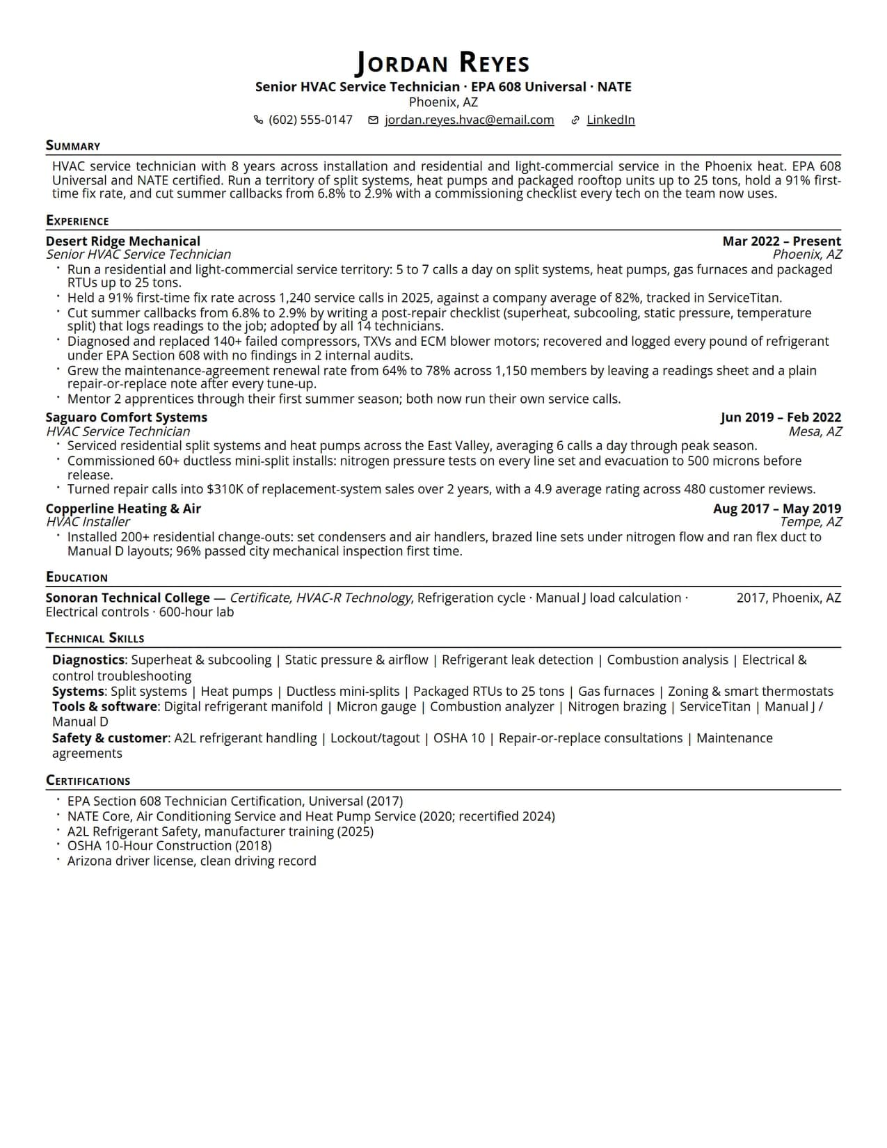 HVAC technician resume sample (USA) — residential and light-commercial HVAC service technician resume example for 2026, EvoResume.com
