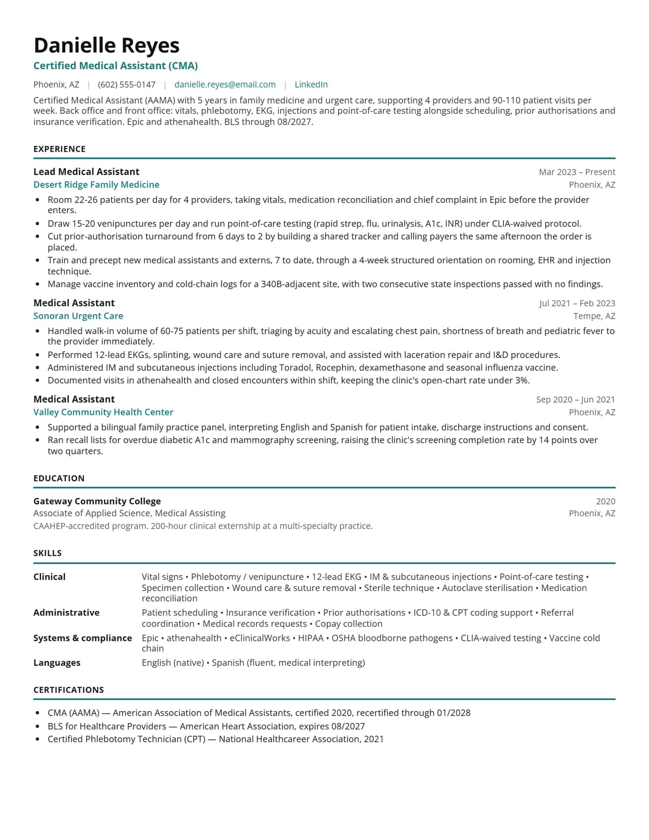Medical assistant resume sample (USA) — CMA certified medical assistant resume example for 2026, EvoResume.com