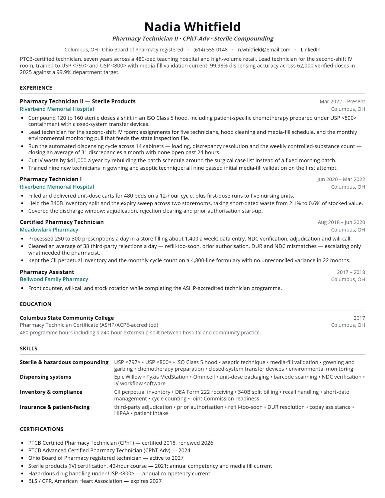 Pharmacy technician resume sample (USA) — CPhT sterile compounding hospital resume example for 2026, EvoResume.com