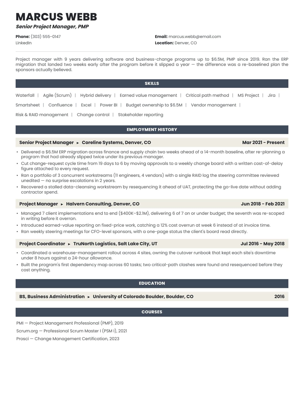 Project manager resume sample, a PMP project management resume example for 2026, EvoResume.com
