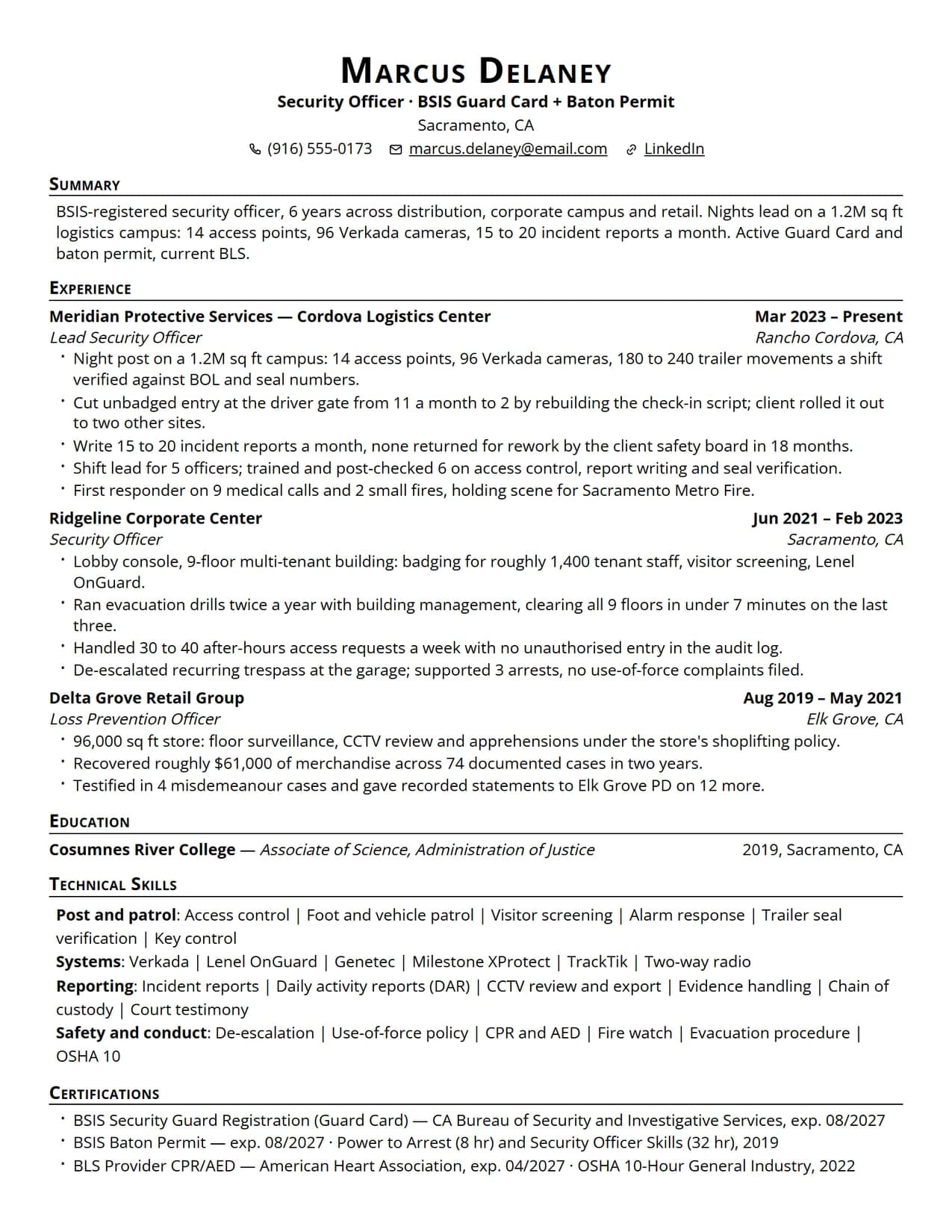 Security guard resume sample (USA) — unarmed security officer resume example for 2026, EvoResume.com