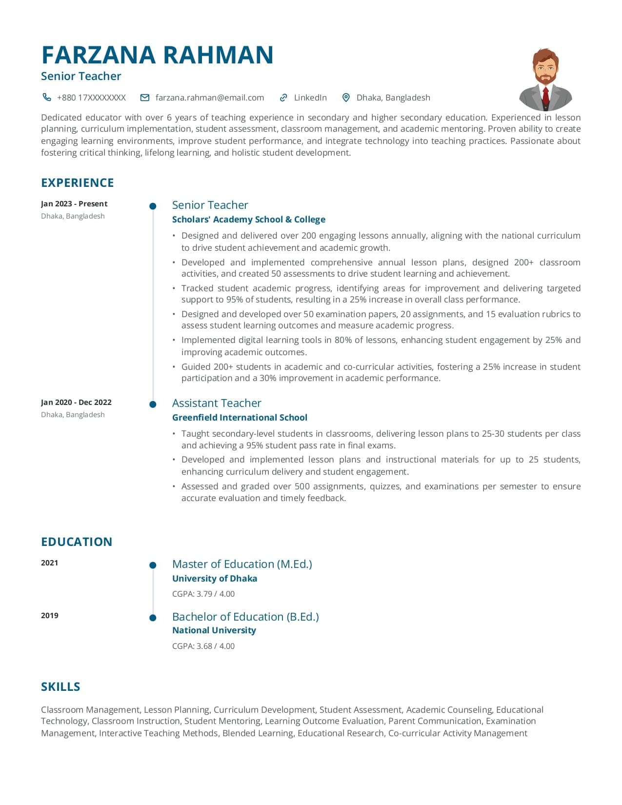 Teaching resume in the Chronicle template, with academic qualifications listed above teaching experience and exam outcomes