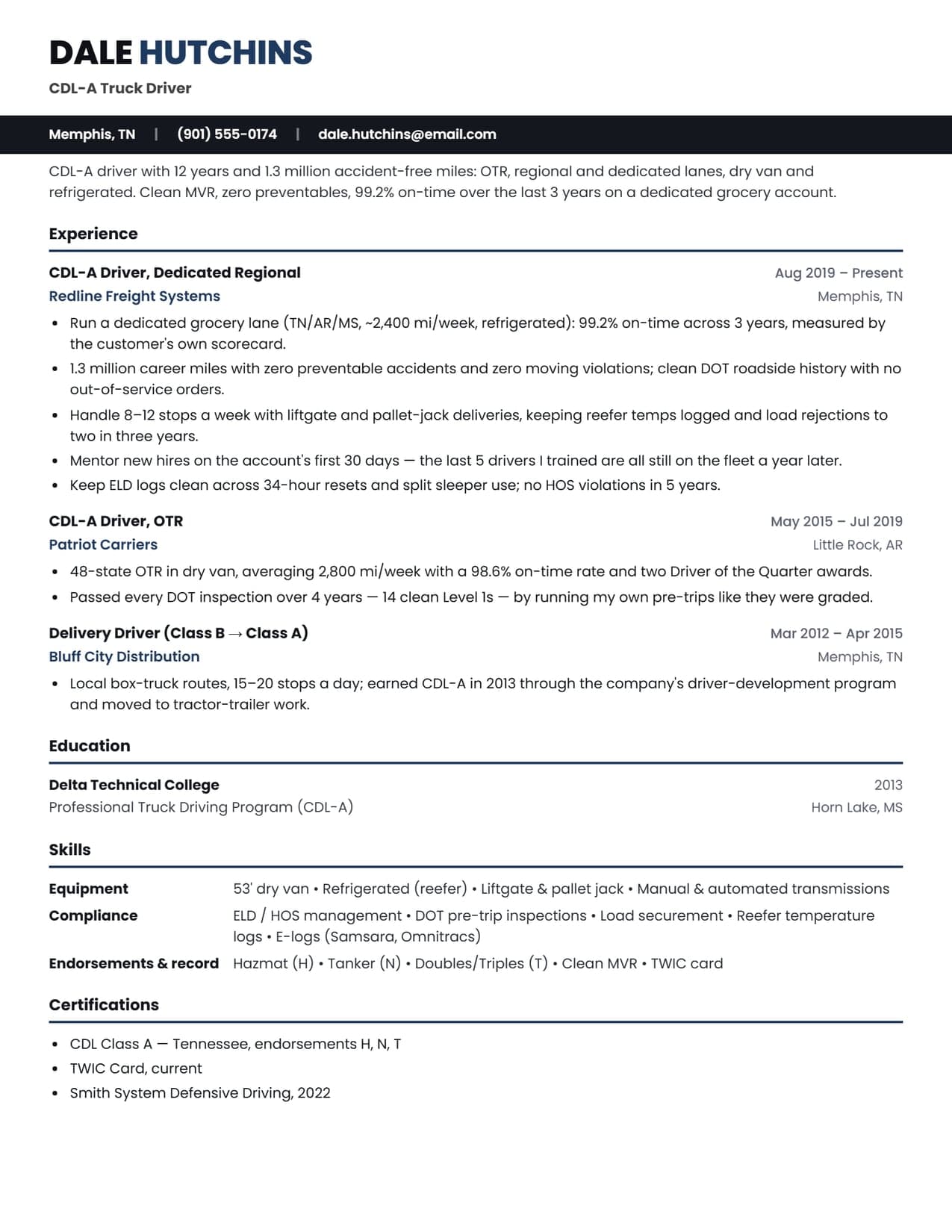 Truck driver resume sample, a CDL-A driver resume example for 2026, EvoResume.com
