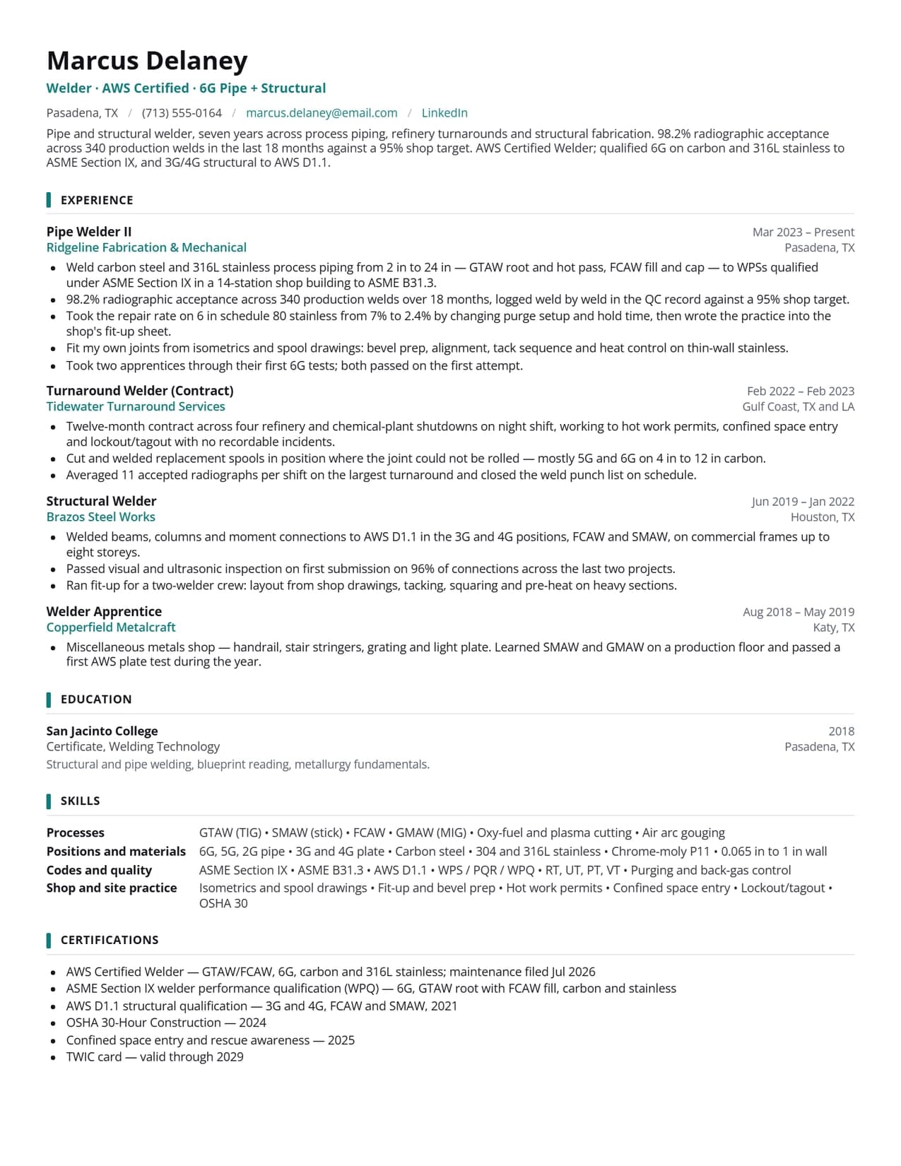 Welder resume sample (USA) — AWS Certified 6G pipe welder resume example for 2026, EvoResume.com