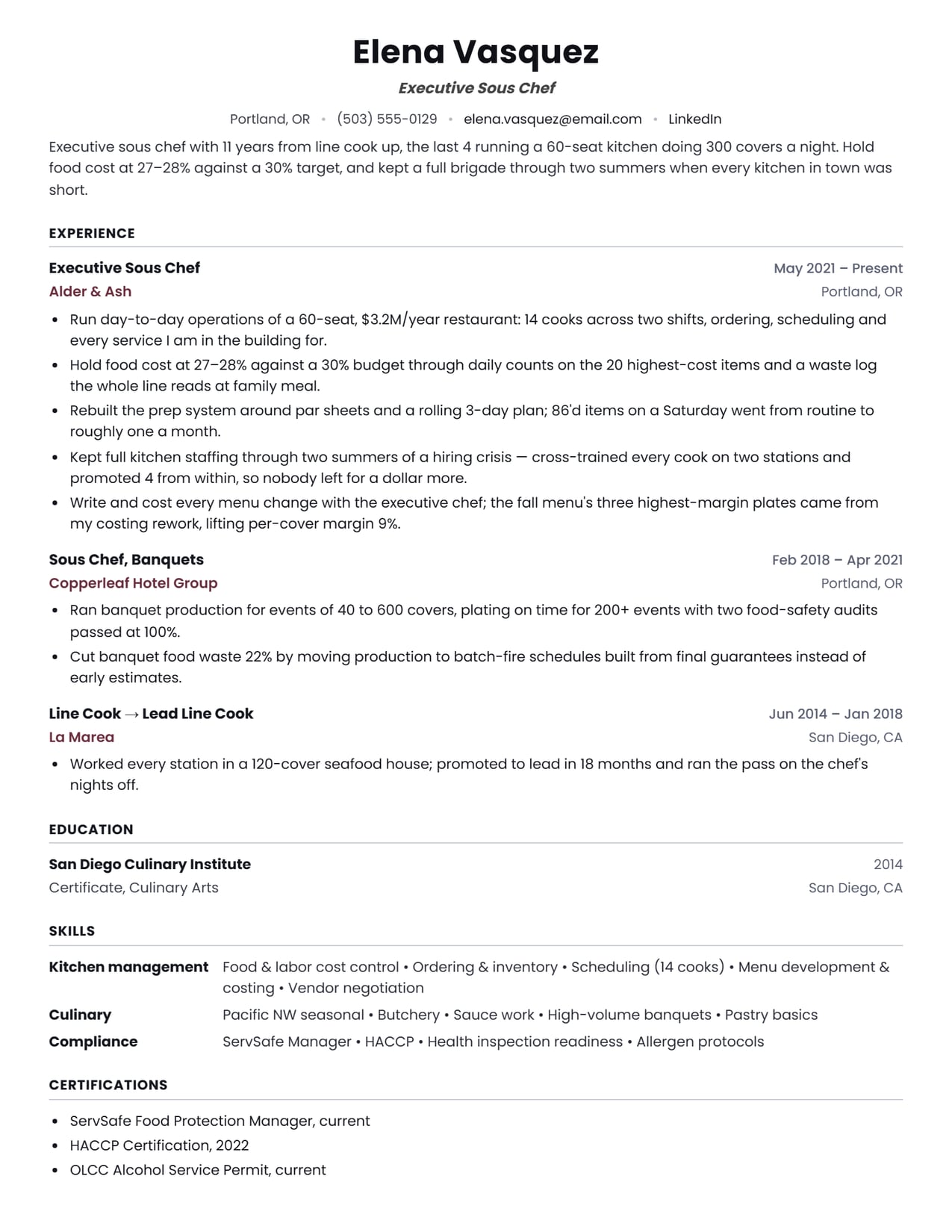 The header and title line section of the Chef resume sample