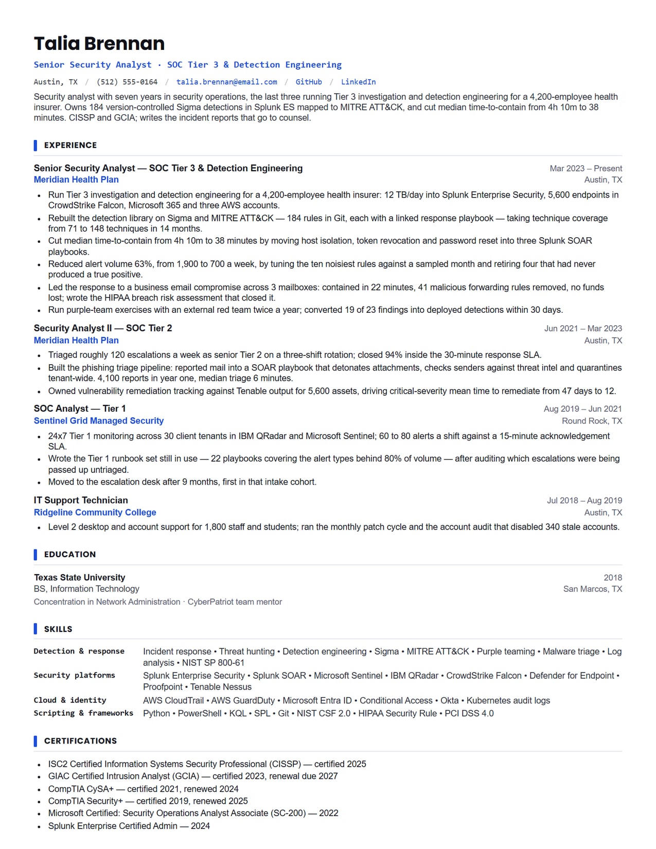 The header and title line section of the Cyber Security Analyst resume sample