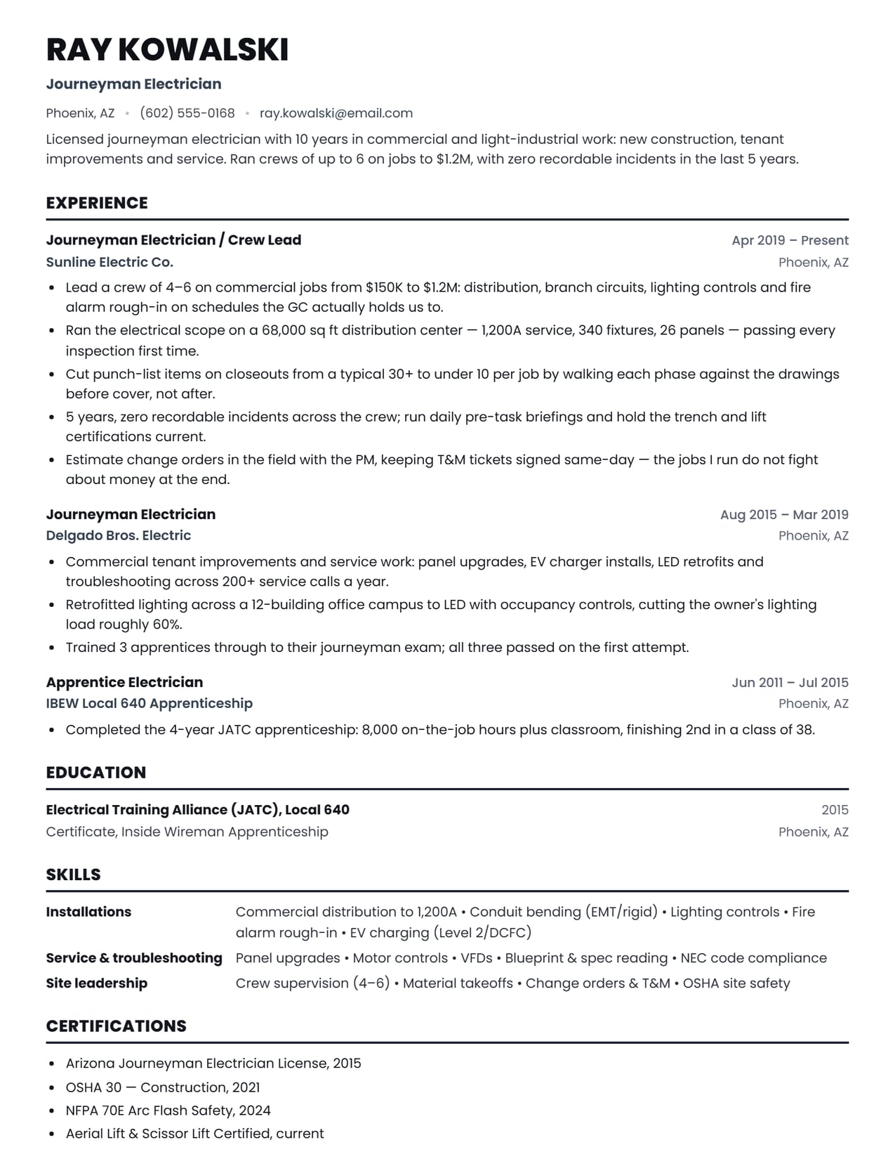 The header and title line section of the Electrician resume sample