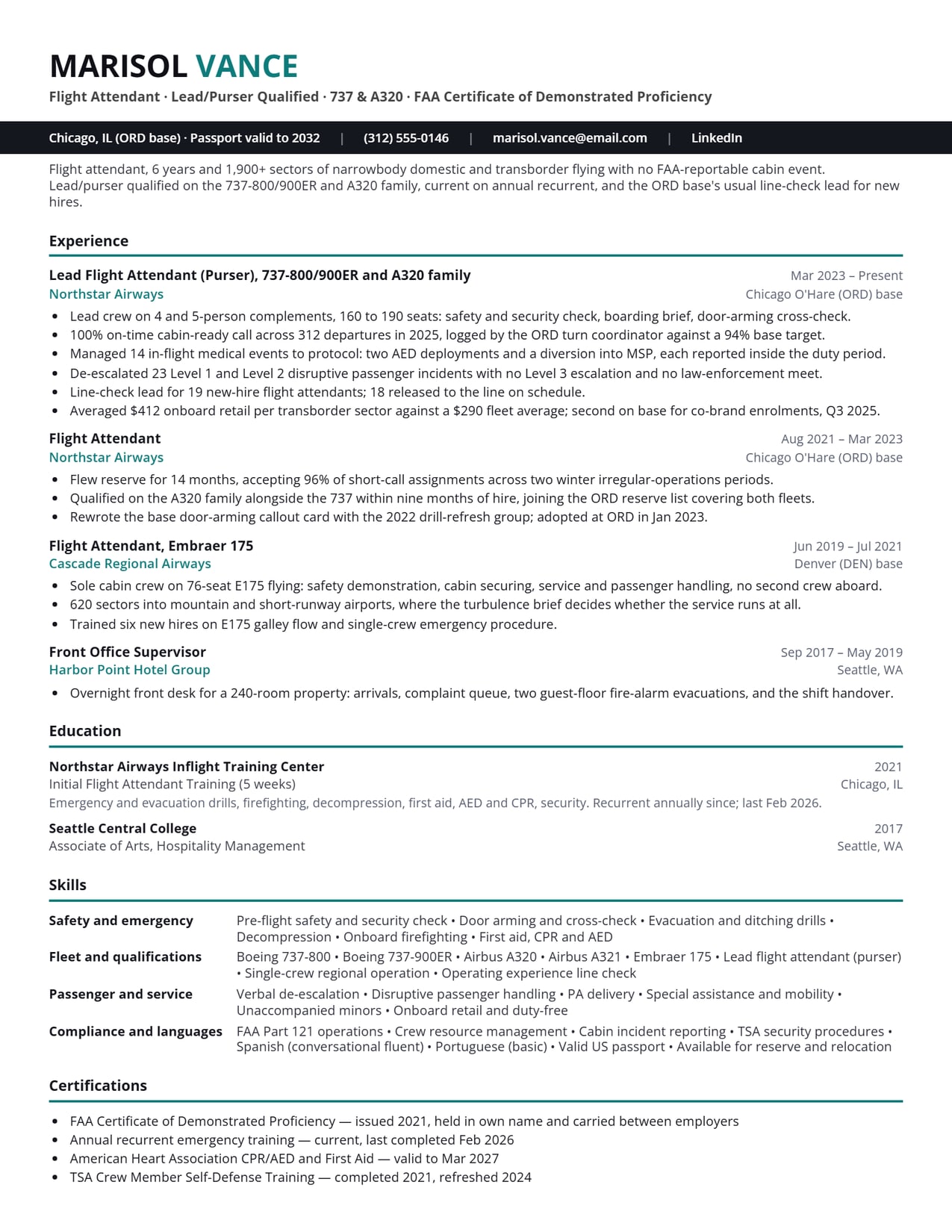 The header and title line section of the Flight Attendant resume sample