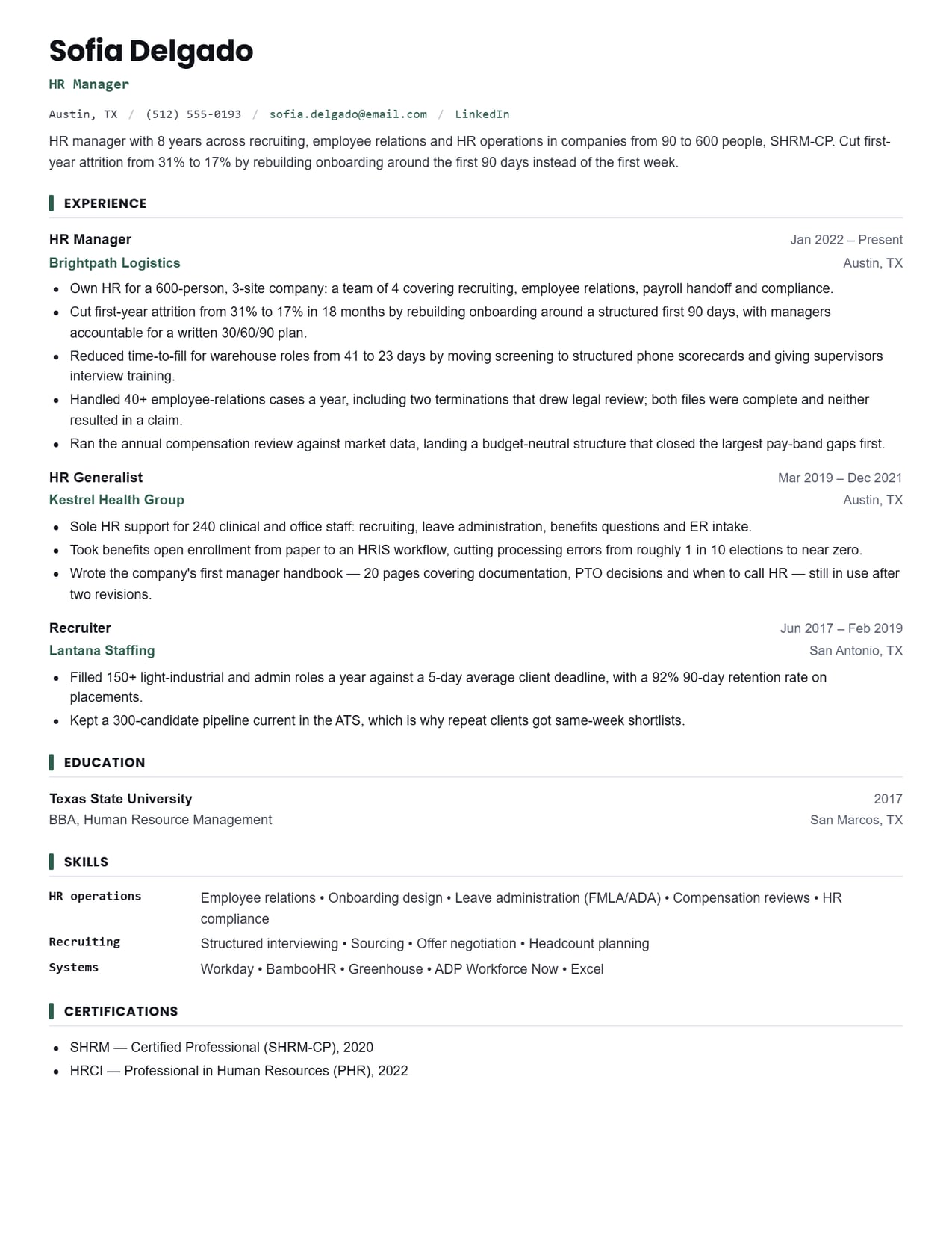 The header and title line section of the Human Resources resume sample