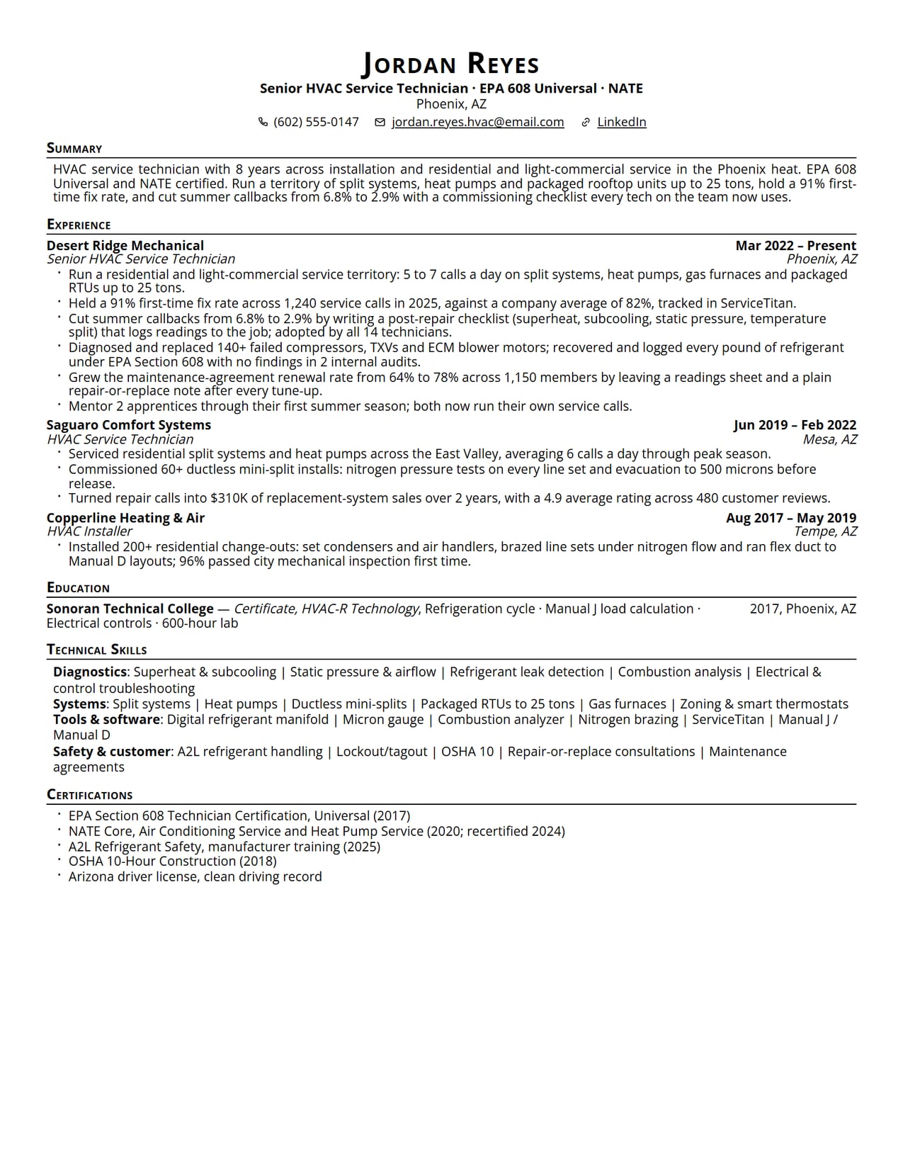 The header and title line section of the HVAC Technician resume sample