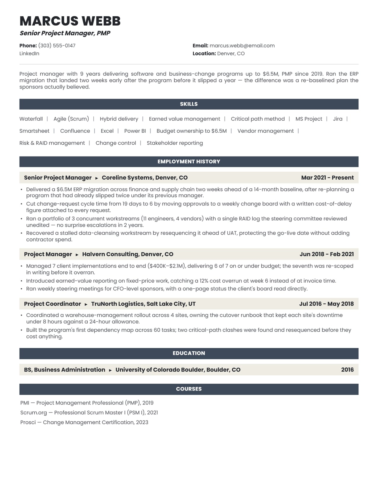 The header and title line section of the Project Manager resume sample