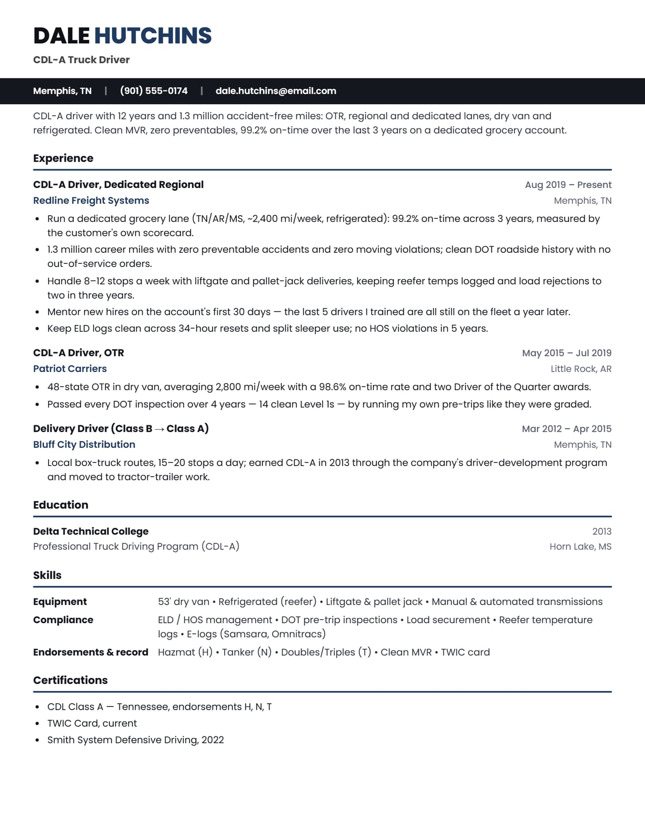 The header: class and title section of the Truck Driver resume sample
